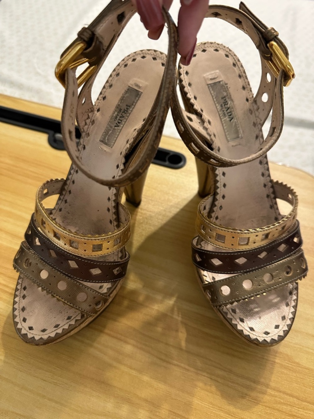 Prada Metallic Gold Brown and Bronze Strappy Heels Size 6